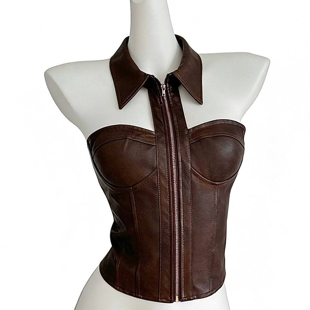 faux leather corset top with zipper front and collar