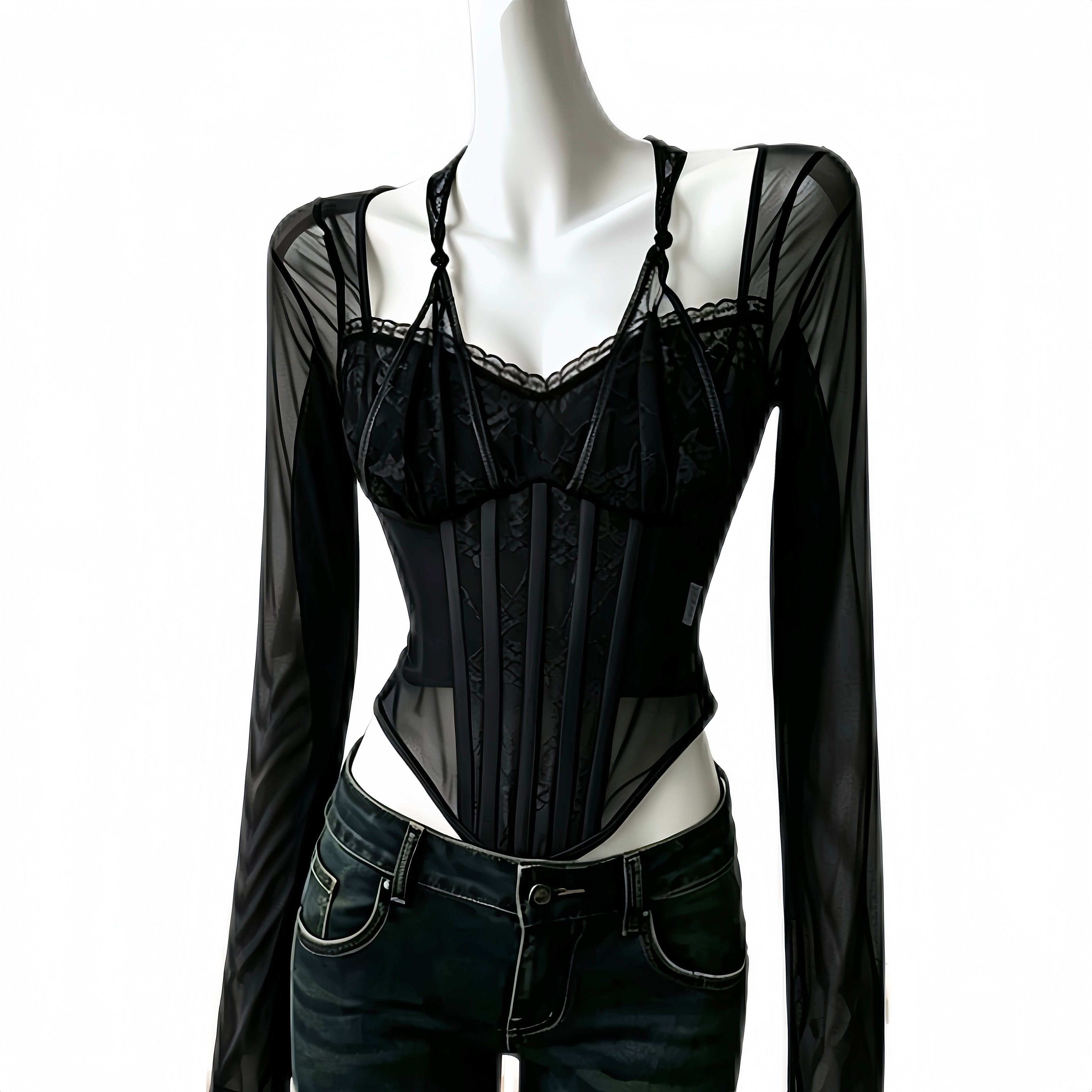 black lace coreset top with long sleeve