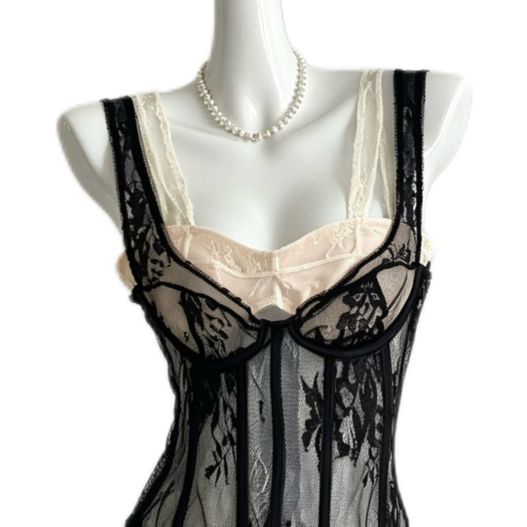 black & cream lace corset top with floral details