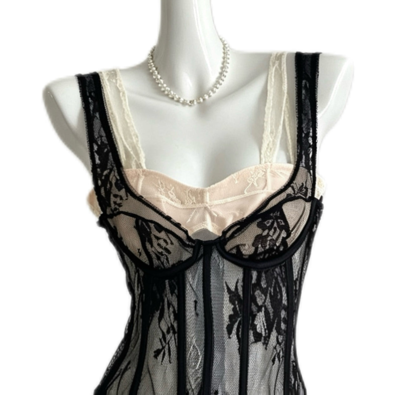 black & cream lace corset top with floral details