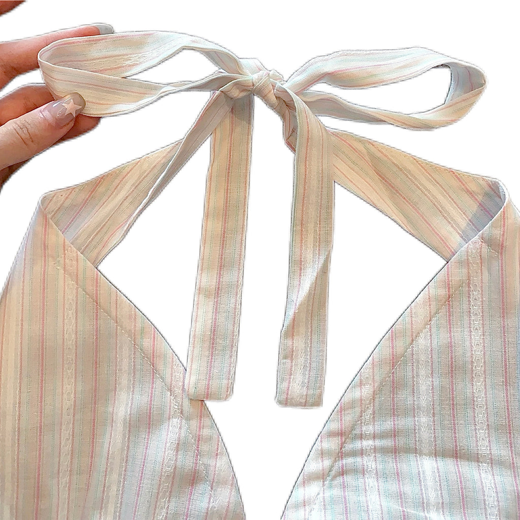 pink & white striped halter top with the tie back detail